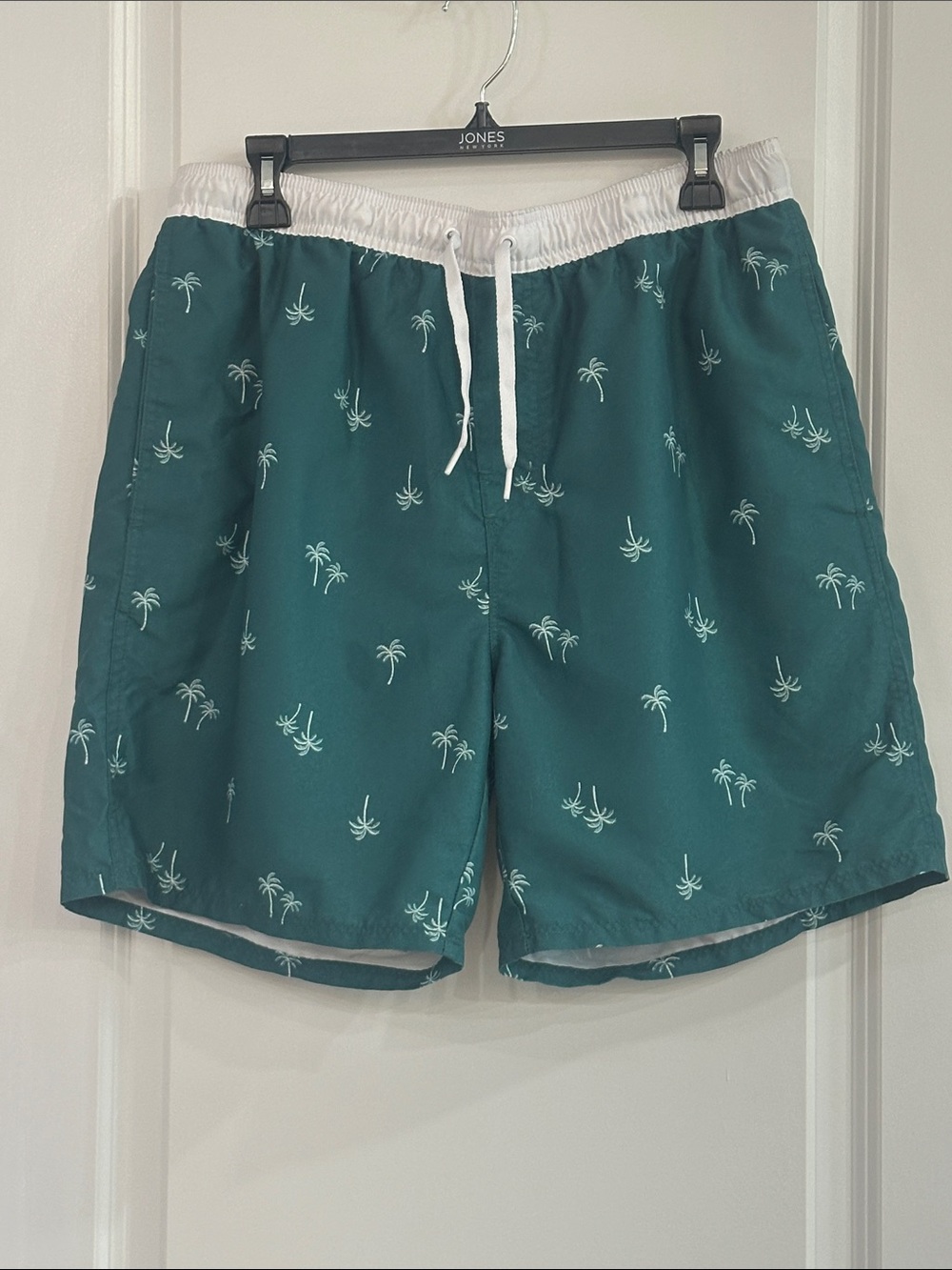 Old Navy Teal Swim Trunks with White Waistband and Palm Print